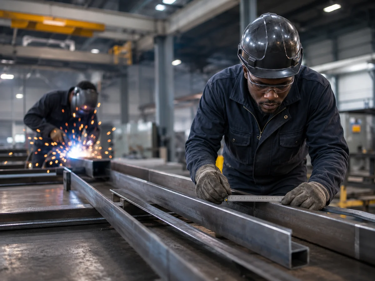 Black African fabrication technicians measuring and preparing structural steel