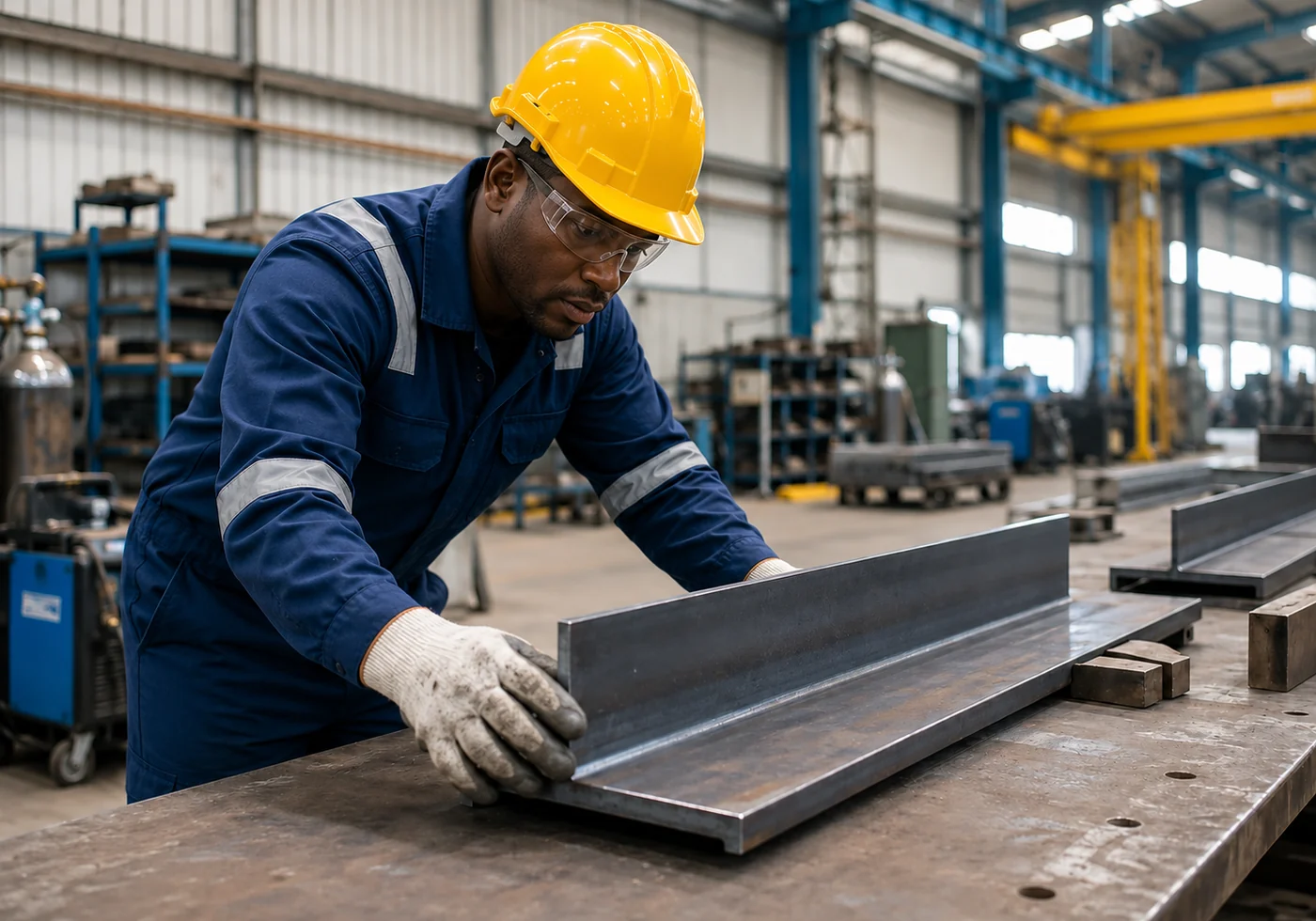 Black African engineering technician aligning a fabricated steel section