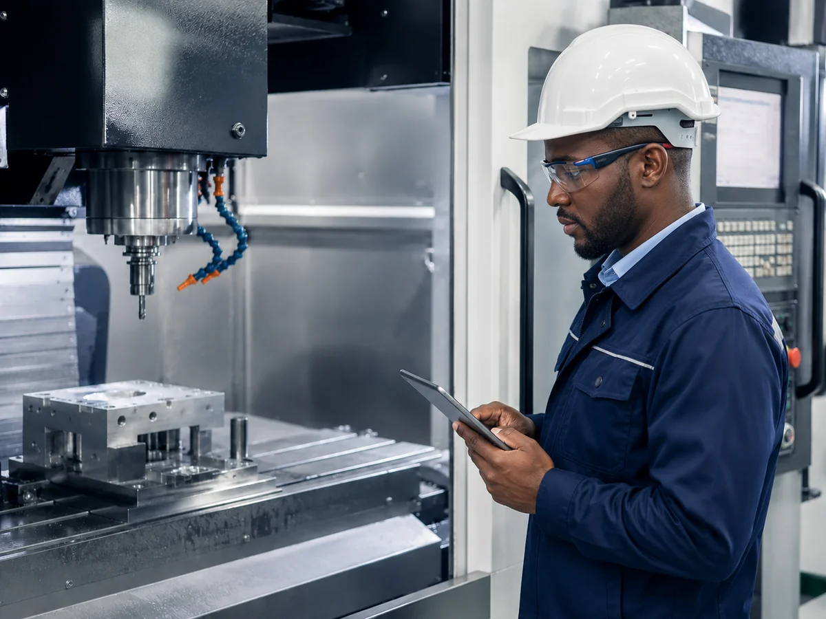 Black African CNC technician monitoring a machining operation