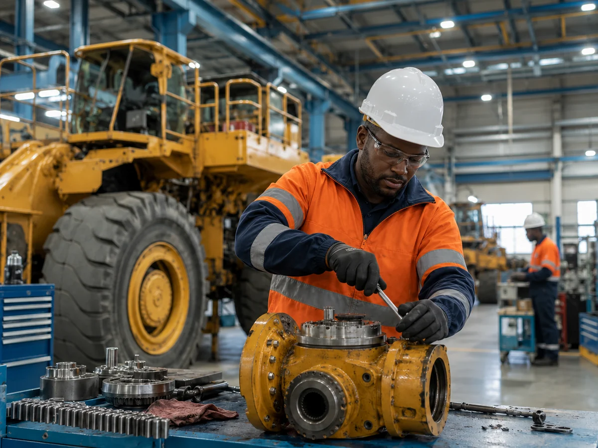 Black African maintenance technician repairing heavy mining equipment