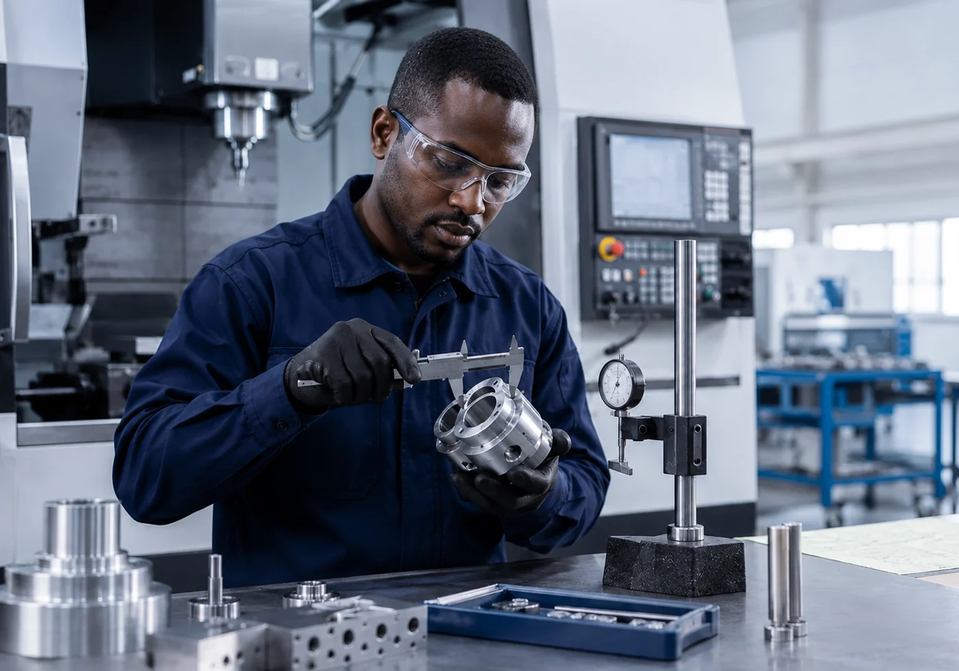 Black African quality technician measuring a precision-machined component